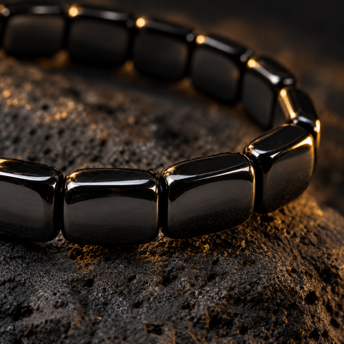 Close view of polished rounded-rectangle black obsidian segments