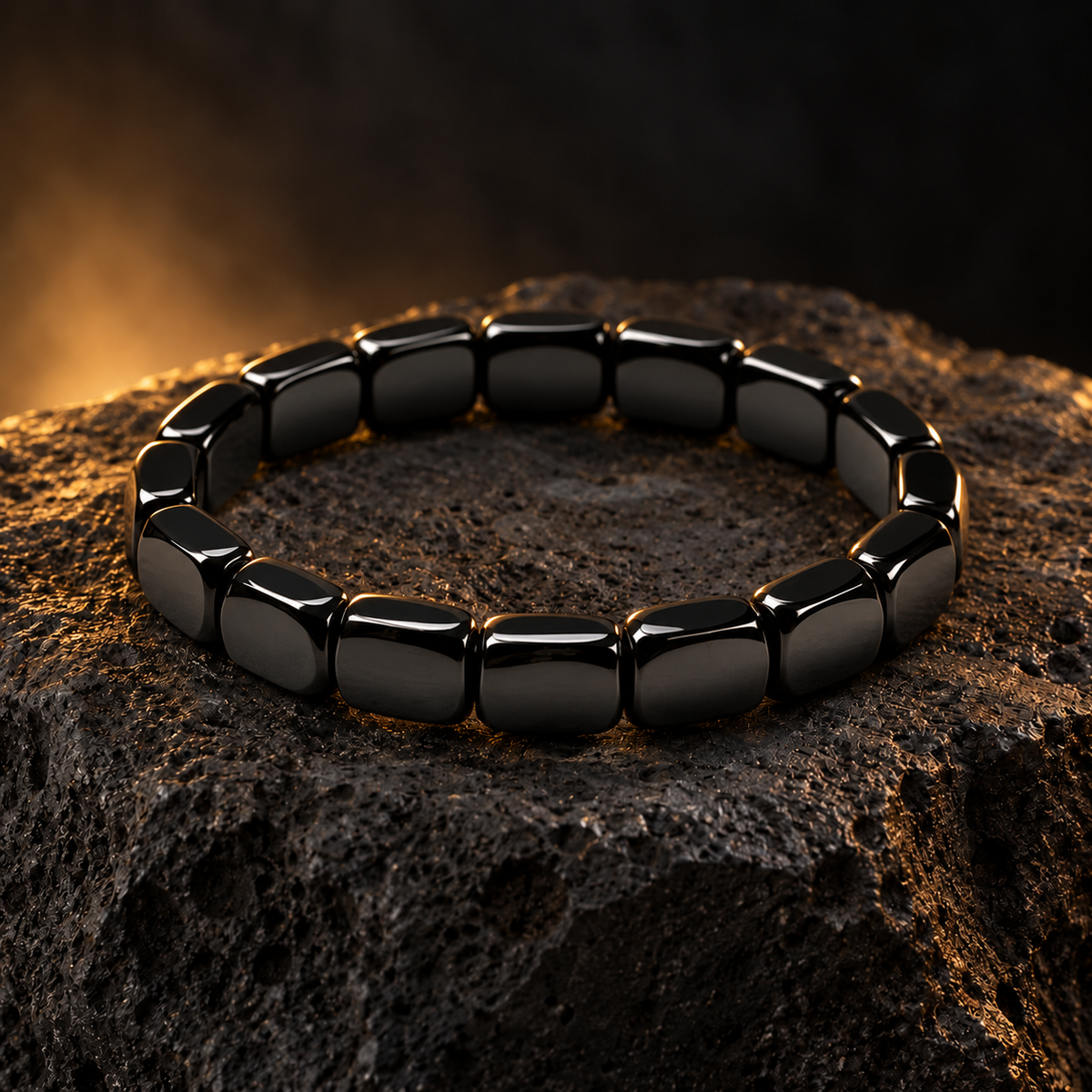Obsidian Force rounded-rectangle black obsidian bracelet on volcanic stone