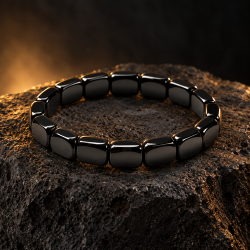 Obsidian Force rounded-rectangle black obsidian bracelet on volcanic stone