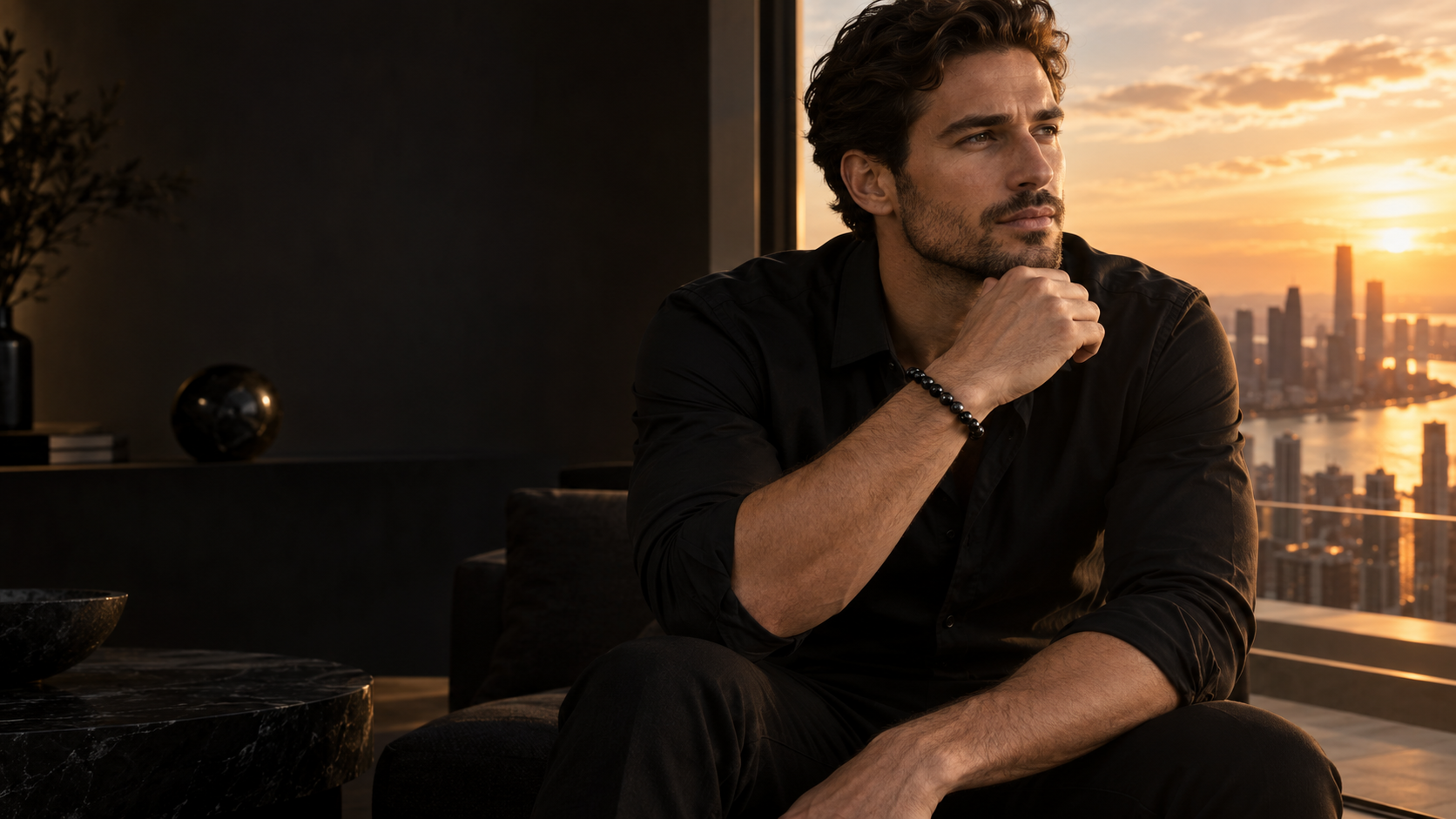 Man in a black shirt wearing a polished black obsidian bracelet at sunset