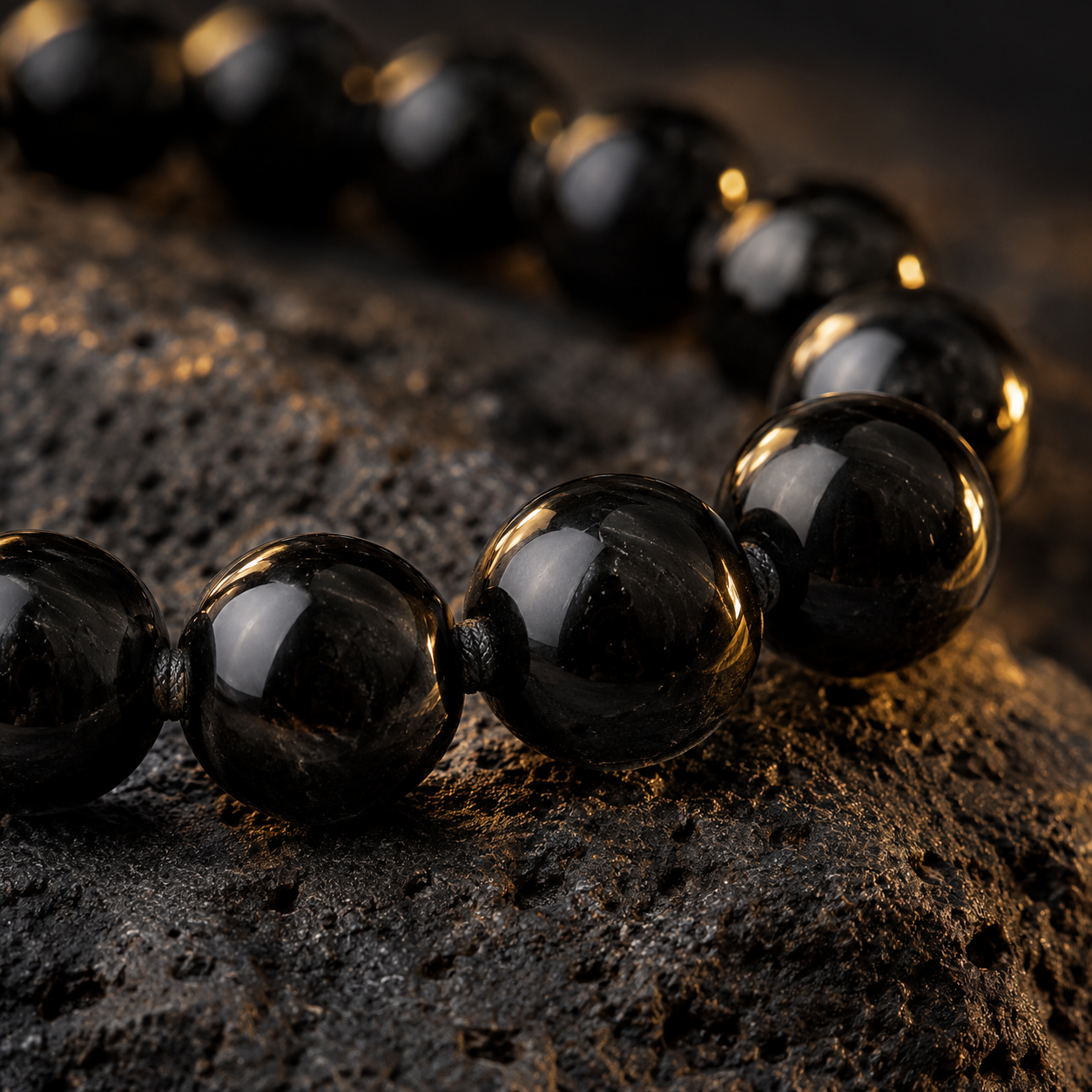 Close view of polished natural black obsidian beads on volcanic stone
