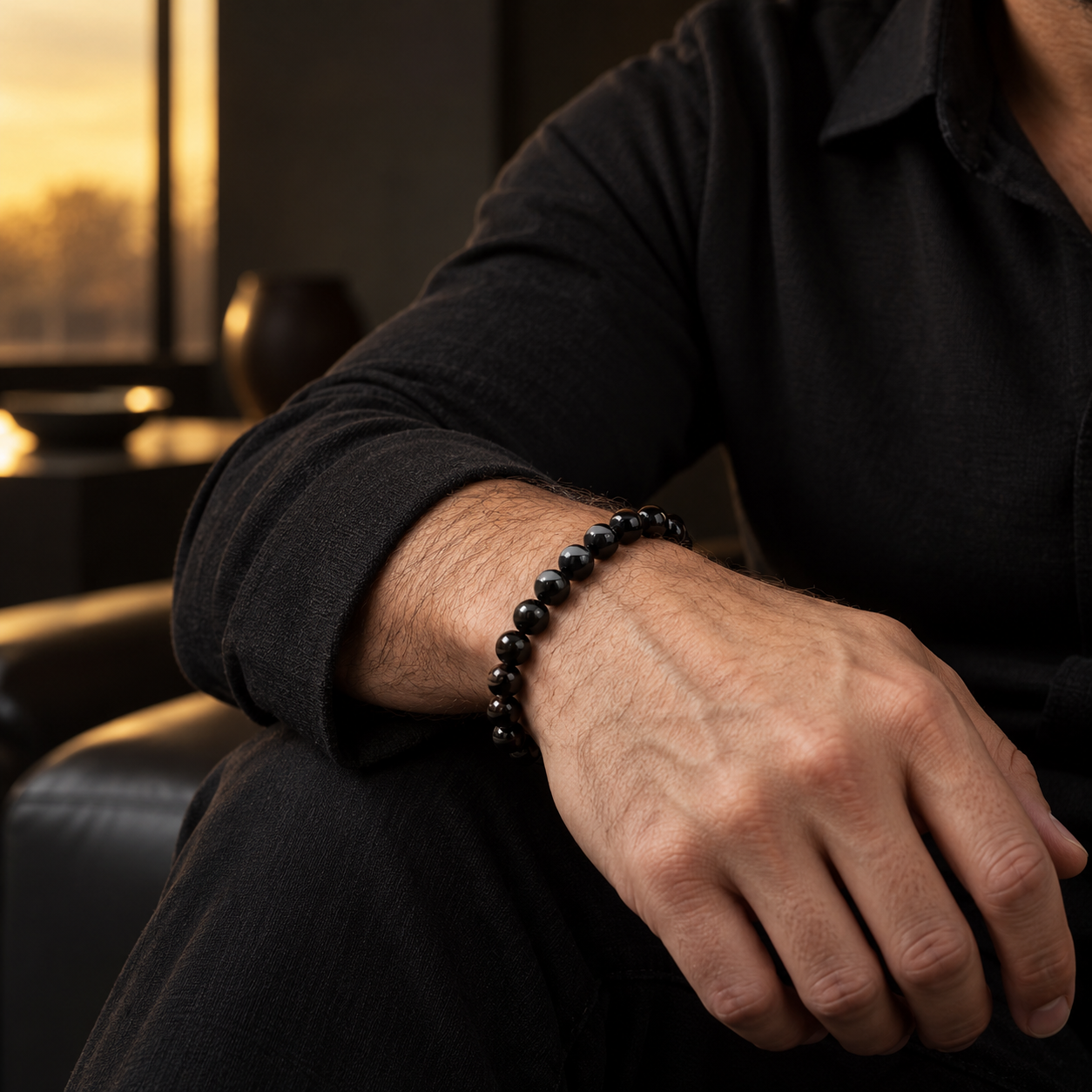 Black obsidian bracelet styled on a man's wrist with a black shirt